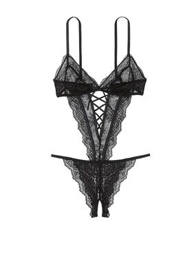 Victoria's Secret Dream Angels Crotchless  Black Lace Lattice-Front Teddy